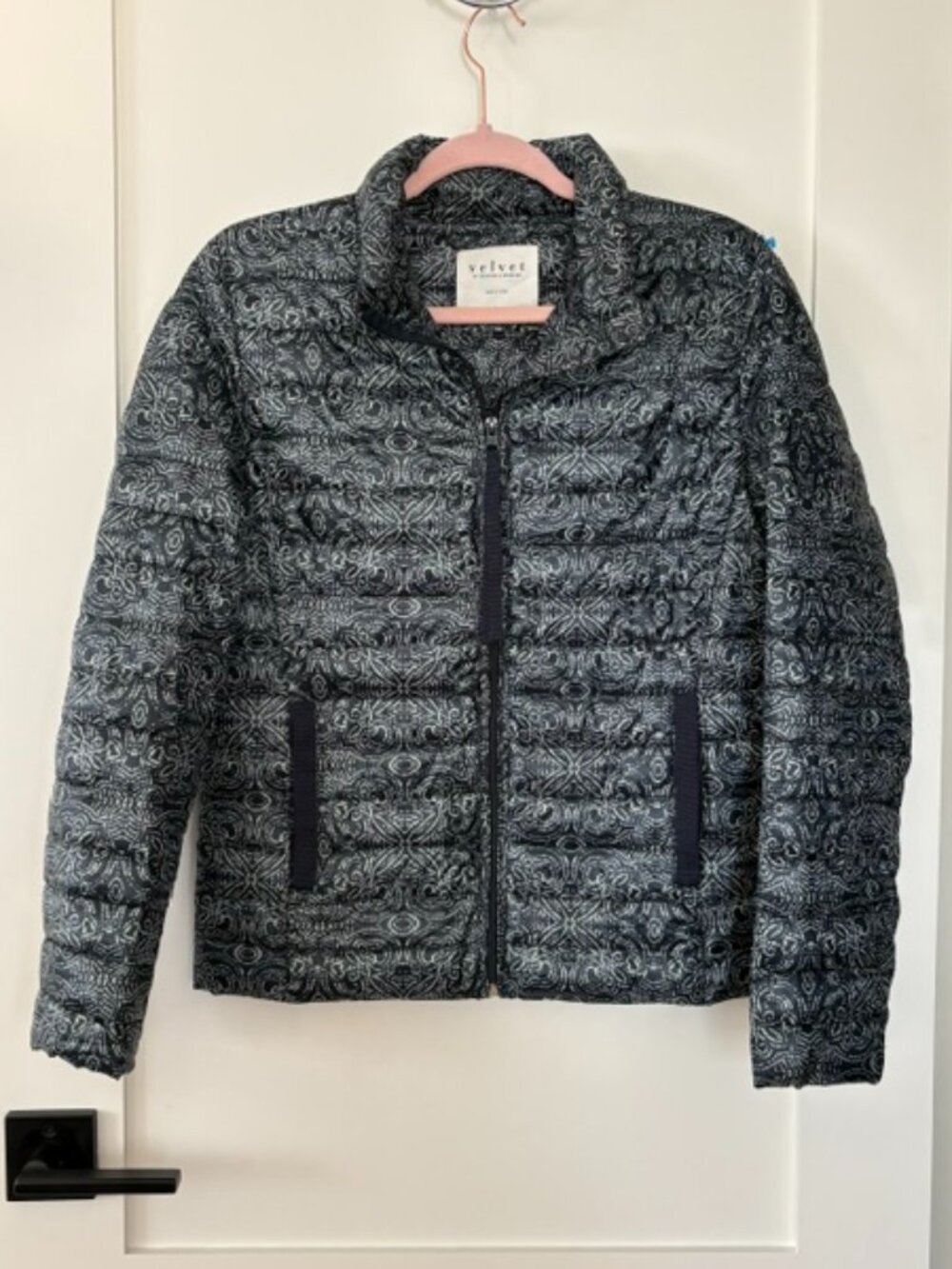 Velvet by Graham & Spencer Navy Blue Quilted Puffer Jacket Geometric Print S
